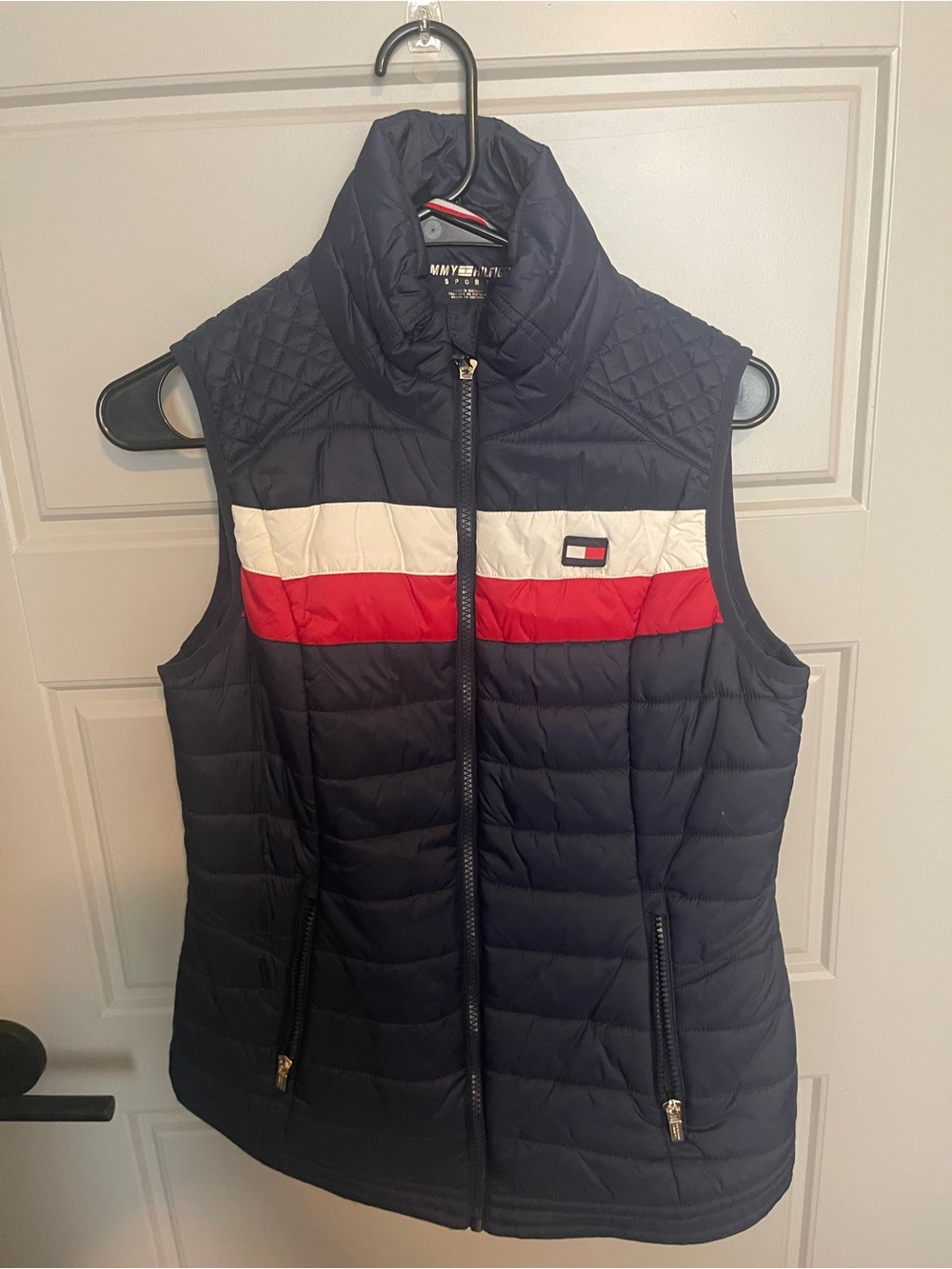 Tommy Hilfiger Navy Quilted Vest with Red & White Chest Stripe